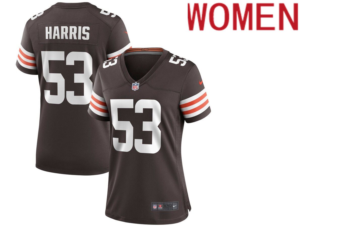 Women Cleveland Browns #53 Nick Harris Nike Brown Game NFL Jersey->women nfl jersey->Women Jersey